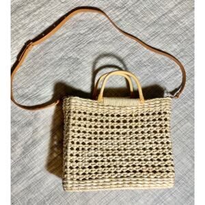 Beachy Boho Woven Straw Bamboo Look Purse Crossbody Adjustable Strap Tan Beige